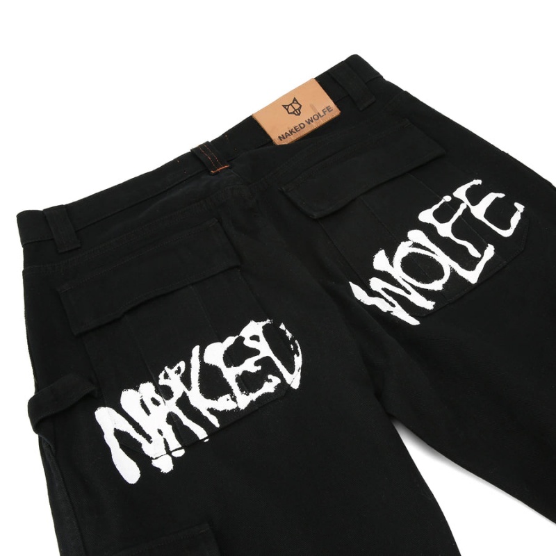 Spodnie Męskie Naked Wolfe Baggy Pocket Cargo Logo Czarne | EAD6348LF